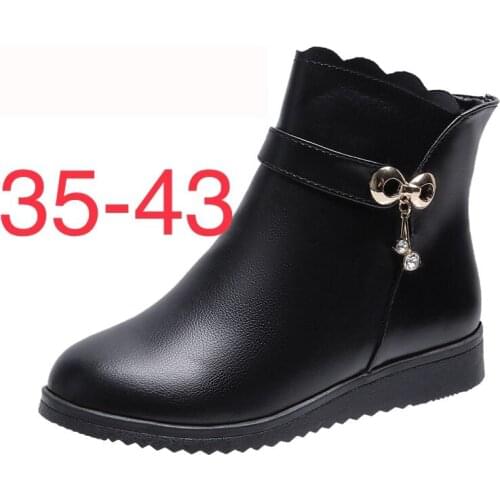Fashion Winter Boots Black Shoes Zipper PU Leather Warm Plush Ankle Boots Non-Slip Fur Snow Boots Flat Shoes Big Size 35-43