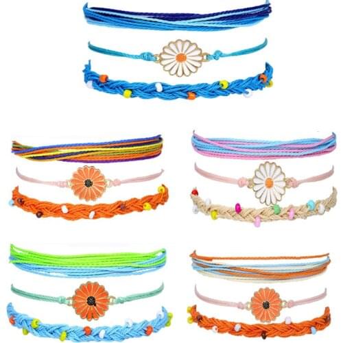 Bohemian Ethnic Retro Style Waterproof Wax Thread Hand-woven Set Bracelets for Women Alloy Chrysanthemum Beaded Jewelry