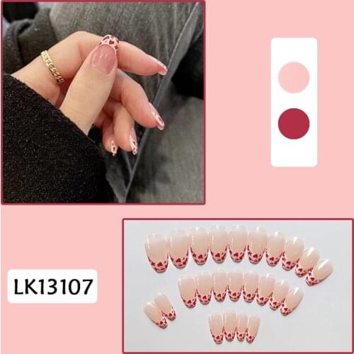 24Pcs False Nails Sweet Powder Leopard Print Nail Patches Shiny Coffin Artificial Fake Nails Set Nail Art Tools Accessories