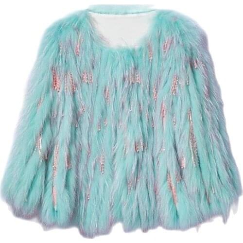 New Natural raccoon fur fox Fur Coat Womens Top Fashion Knitted white raccoon fur Coat tassel decorection metal strip H82605