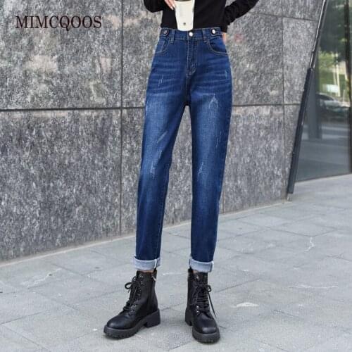 Autumn Winter Denim Baggy Jeans for Women Large Size Mom Jeans Pants Elastic Waist Thicken with Fleece 155-180cm Tall Women