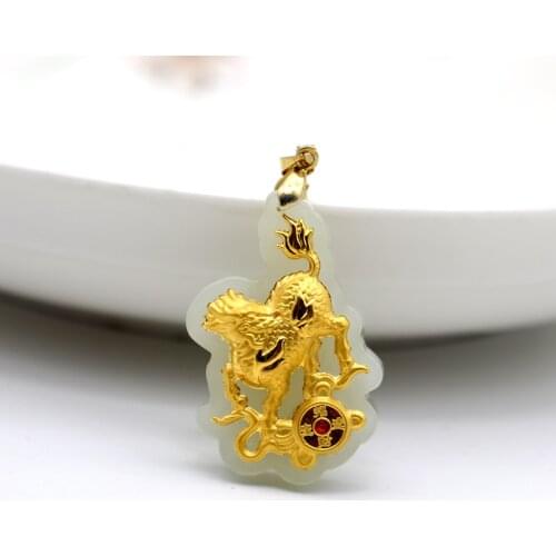 Vogue Design Hetian Jade 24k Gold Necklace Natural Jade Pendants Lucky Kirin For Men Women Christmas Gift