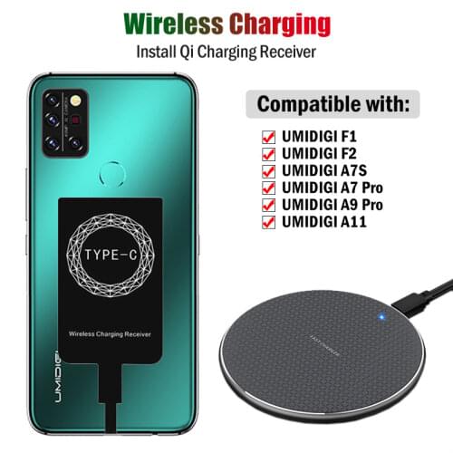 Phone Qi Wireless Charging for UMIDIGI F1 F2 A7S A7 Pro A9 Pro Wireless Charger Pad+Type-C Charging Receiver USBC Adapter