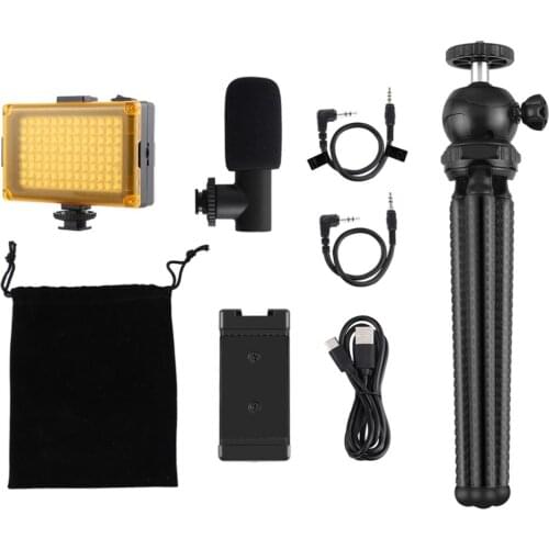 PULUZ 4 in 1 Vlogging Live Mini Octopus Bracket Kit + Studio Light + Microphone + Phone Clamp Kits