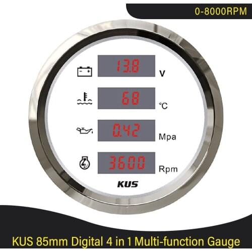 KUS Digital 8000RPM Rev Counter 85mm with Water Temp 25-120℃ Oil Pressure 0-1Mpa Voltmeter Tachometer Red/Yellow Backlit 12V 24V