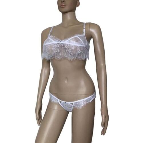 Sexy Bridal Sheer Lace Hollow Out Eyelash Trim Peacock Feather Bra Top with Thong Erotic Bikini Lingerie Set Sleepwear S to XL