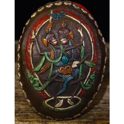 Old Tibetan silver mosaic Skull head Tracing Shi Tuolin statue Guardian of Shidolin Kapala Bowl cup Gabala Bowl Town House