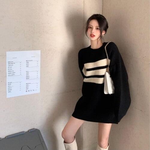 Sweater Womens Loose Thickened Lazy Style Black Stripe Knitting New Pullover For Spring 2021