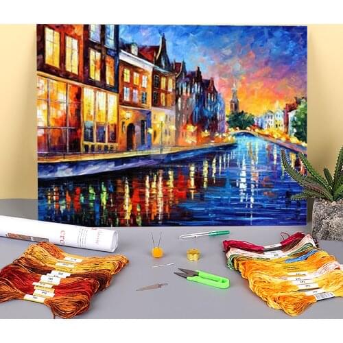 Amsterdam - Sunday Night Printed Fabric 11CT Cross Stitch Kit Embroidery DMC Threads Handmade Hobby Sewing Promotions