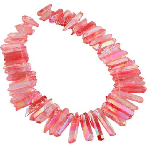 TUMBEELLUWA Watermelon Red Titanium Coated Quartz Crystal Points Drilled Sticks Spikes 16 inch Strand