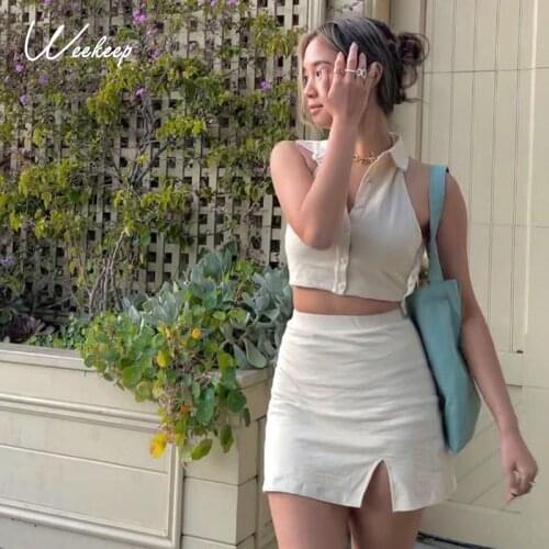 Weekeep Casual White Lace Up Backelss Two Piece Set Women Buttons Up Tank Top And Side Split Mini Skirt Match Suits Summer 2021