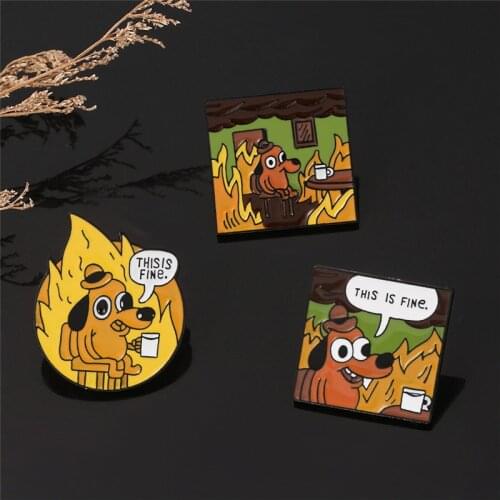 Yellow Anime Cartoon "This Is Fine" Hound Dog Chair Comic Brooch Animals Flames Enamel Pins Fashion Cute Bag Backpack Jewelry