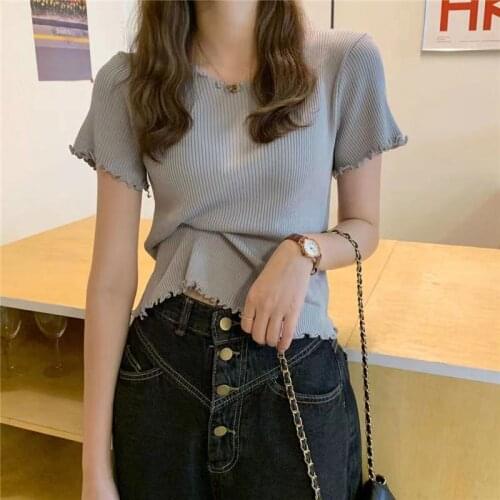 Ice silk T-shirt womens slim short coat high waist summer 2021 new wooden ear short sleeve sweater