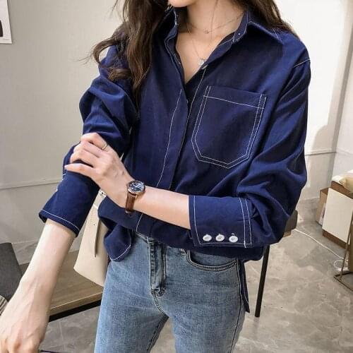 Womens new loose lazy shirt female long-sleeved retro Hong Kong style wind shirt solid color shirt bottoming shirt