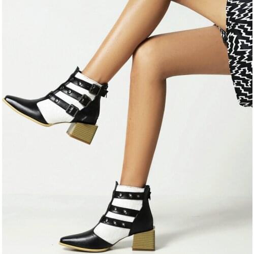 Lady Fashion Spring Autumn Belt Buckle Short Boots Square High-Heel Zipper Women Shoes Winter Color Matching Street Ankle Boots