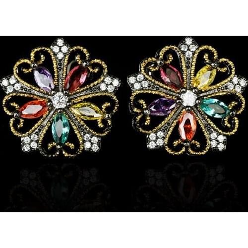 New Retro Flower Color Zircon Womens Earrings Fashion Gemstone Jewelry 925 Silver Womens Earrings Black Gold Jewelry