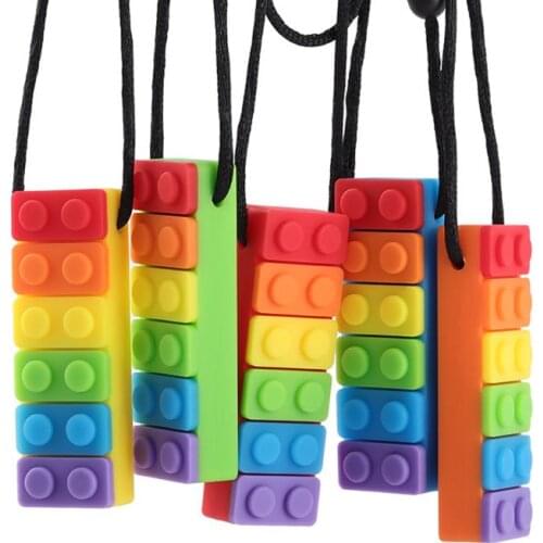 Rainbow Brick Chew Necklace Baby Silicone Teether Autism Sensory Chew Therapy Tools Kids Chewy Toys