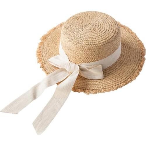 Doitbest summer sun hat bow 100% Raffia cap Fashionable Straw hats Womens Sea beach vacation leisure sunscreen hat
