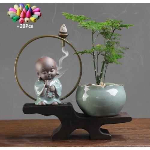 Ceramic Handicraft Chinese Style Backflow Incense Burner Zen The Monk Home office Tea House Decorate Water Planting Vase