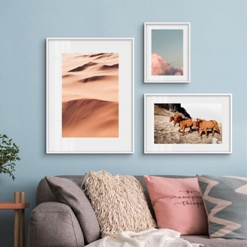 Scandinavian Poster Nordic Print Horse Desert Clouds Animal Wall Art Canvas Painting Wild Field Nature Picture Living Room Decor