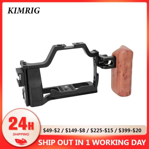 KIMRIG EOS M50 Cage With Wooden Hand Grip With 3/8"-16 Thumbscrew Lock Knob & ARRI Locating Pins For Canon Eos M50 M5 Camera