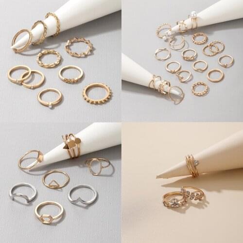 Tocona Luxury Pearl Crystal Stone Gold Silver Color Joint Ring Sets for Women Wave Hollow Geometric Bohemian Jewelry Anillo