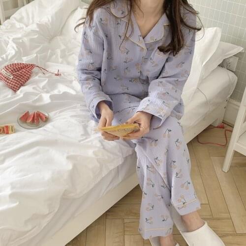 Korean chic spring autumn long sleeve pants cherry print homewear pajama set comfortable gauze cotton sleepwear women setL340