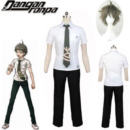 Super Danganronpa 2 Hajime Hinata Uniform Cosplay Costume Dangan Ronpa Men Role Play Halloween Costumes Short Linen Brown Wig