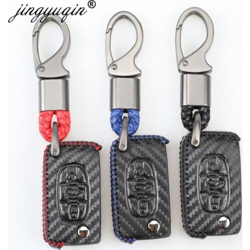 3 Button Flip Car Key Case Leather Cover Fob Protect for Peugeot 407 307 308 607 for Citroen C4 C5 Carbon Fiber Shell Styling