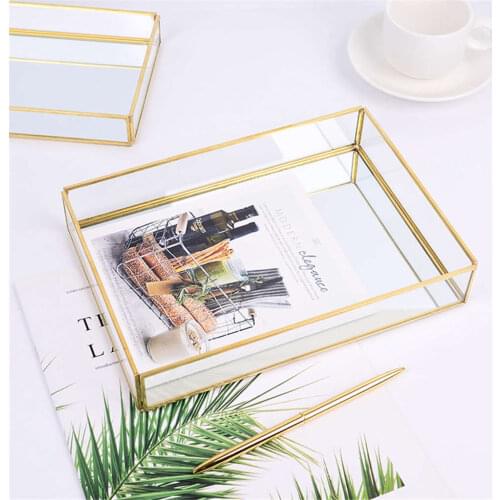 Home Kitchen Decor Nordic Retro Storage Tray Gold Rectangle Glass Makeup Organizer Tray Dessert Plate Jewelry Display