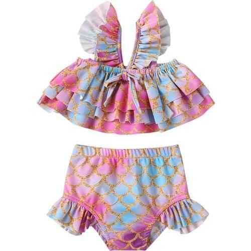 Baby Girls Swimwear Toddler Two Pieces Set Beach Vacation Suspender Swimsuit Mermaid Print