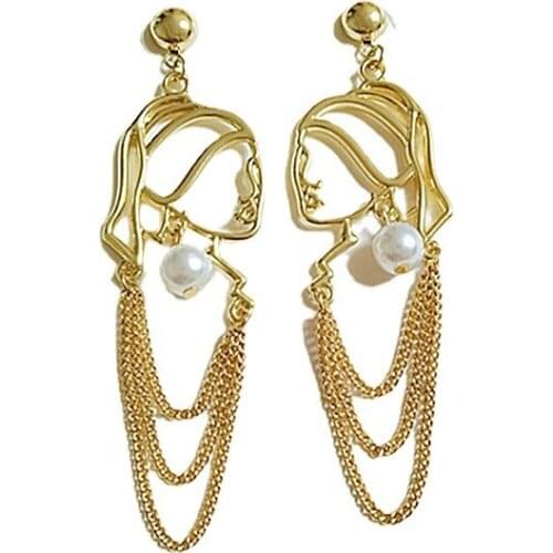 10 pair / lot Fashion metal pearl chain tassel abstract face Earrings