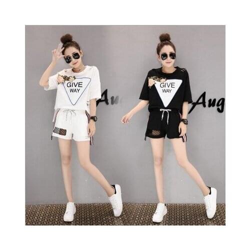 Fashion Women Sportswear suit Black white Short sleeve Striped Cotton Summer Casual Tracksuits Popular Womens Sporting Suits