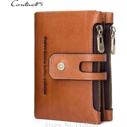 Mens Wallet Double Zipper Buckle Genuine Leather RFID Purse Crazy Horse Cowhide Card Holder Coin Purse Hasp Vintage Money Bag