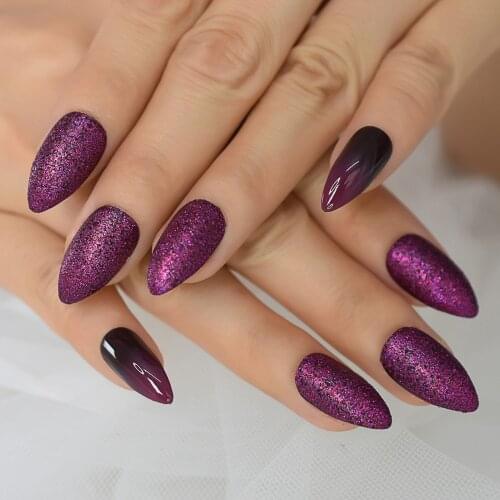 Medium Press On Stiletto Nails Dark Purple Galaxy Glitter False Fake Nail Art Almond Shaped Gel Nail Tips