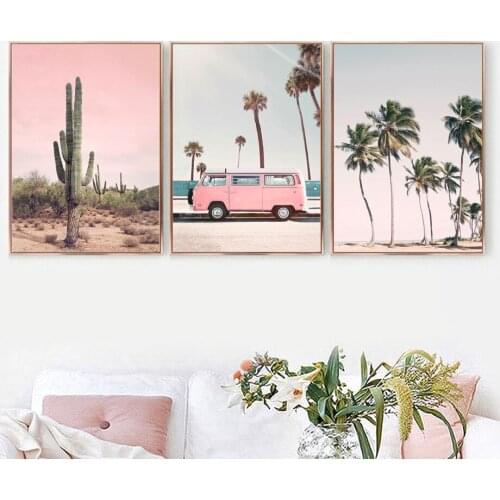 Pink bus cactus pineapple blue sea beach wall art painting diamond painting nordic rhinestone embroidery living room decoration