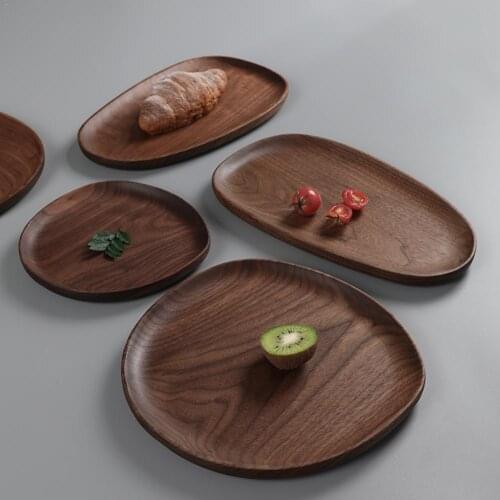 4 Sizes Irregular Kitchen Tray Black Walnut Plate Solid Wooden Fruit Dishes Tray Tableware Set For Dessert Fruit Bread Tableware