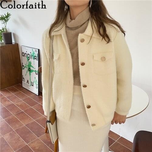 Colorfaith New 2020 Autumn Winter Womens Knitwear Buttons Cardigan Turn-down Collar Fake Mink Cashmere Pockets Tops SWC1176JX