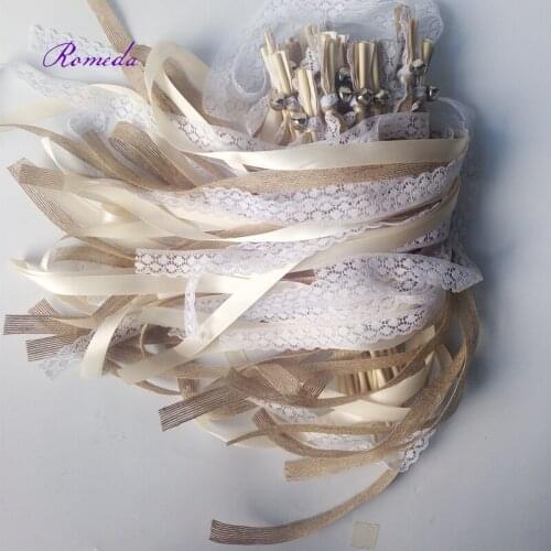 Newest 50pcs/lot Jute wedding ribbon wands with sliver bell for wedding decoration