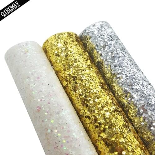 QIBU 3pcs 22*30cm PU Leather Golden Silver White Chunky Glitter Fabric DIY Hairbow Accessories Handmade Bags Crafts Decoration