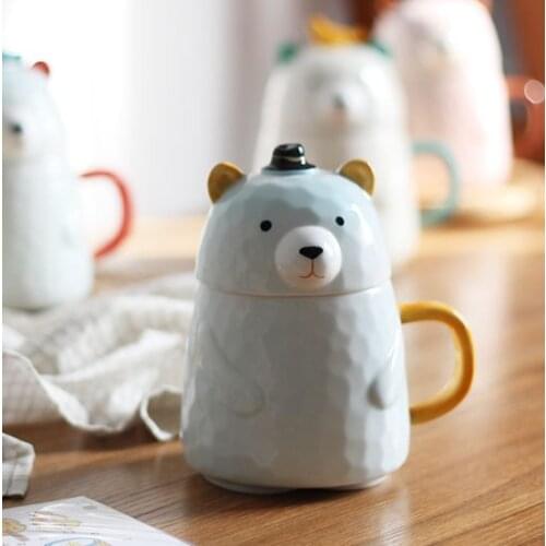 Cute bear ceramic cup with cover cartoon big belly Office Mug coffee cup