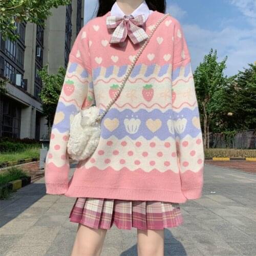 Cute Strawberry Cartoon Loose Sweater Womens Sweaters Japanese Kawaii Ulzzang Female Korean Harajuku Clothing for Women