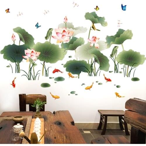 Lotus Leaf Wall Stickers Flower Chinese Style Living Room Backdrop Wall Decals Girl Room Decoration Large Mural Office Decor
