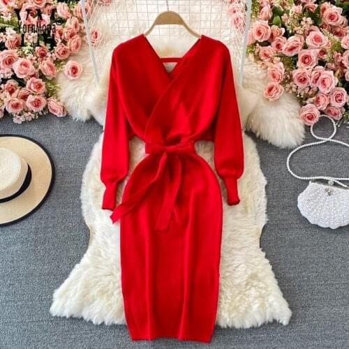YornMona 2021 Autumn Winter Women Dress Fashion V-neck Lacing Up Bandage Knitted Sweater Dress Elegant Office Ladies Dresses