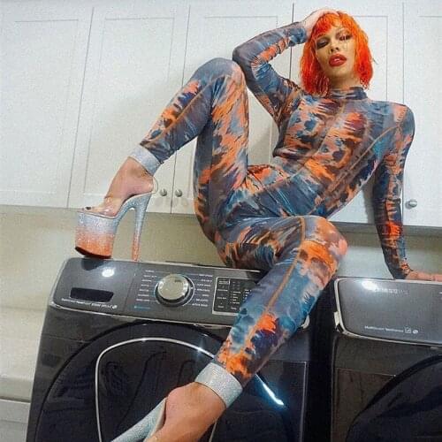 Women Fashion Stand Collar Print Long Sleeve Slim Fit Sports Jumpsuit 2020 Sexy Korean Fall Clothing adult onesies wholesale