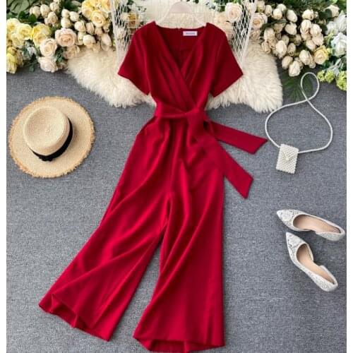 Womens spring summer short sleeve deep v neck jumpsuit female wide leg pants overall TB146