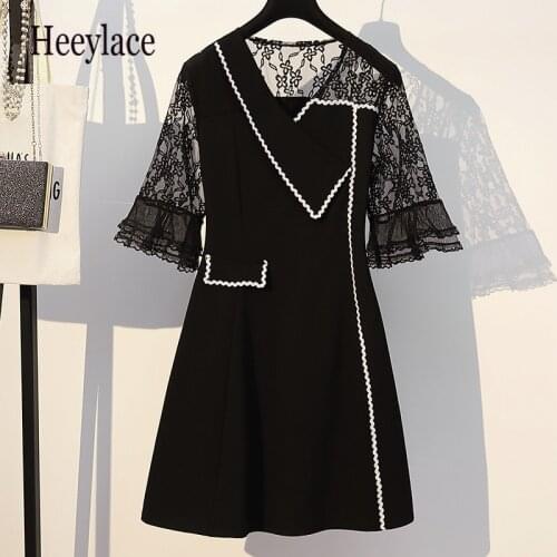 Plus Size Women Elegant Party Dress Summer 2020 Sexy See-through Lace Flare Sleeve Patchwork High Waist Dresse 5xl robe