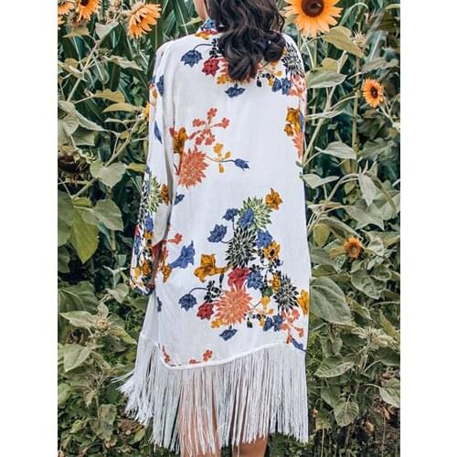 ZAFILLE Womens Beach Dresses Flower Chiffon Pareo Beach Cover Up For Swimwear Women Cardigan Robe Tassel Pareo Beach Dress