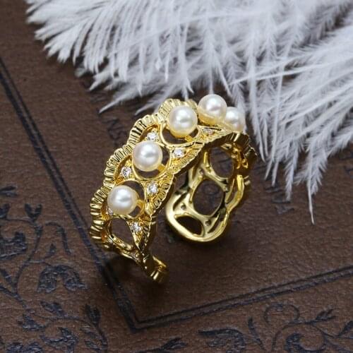 Luxury Natural pearl wedding opening rings for women Golden Gothic style retro accessories jewelry gift adjustable Womens ring