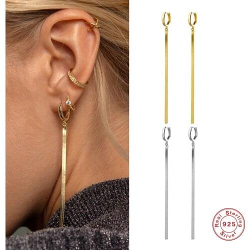 GS 925 Sterling Silver Gold Cool Minimalist Loop Earrings With Bling Long Flat Snake Chain Tassel Drop Earring For Women Gift